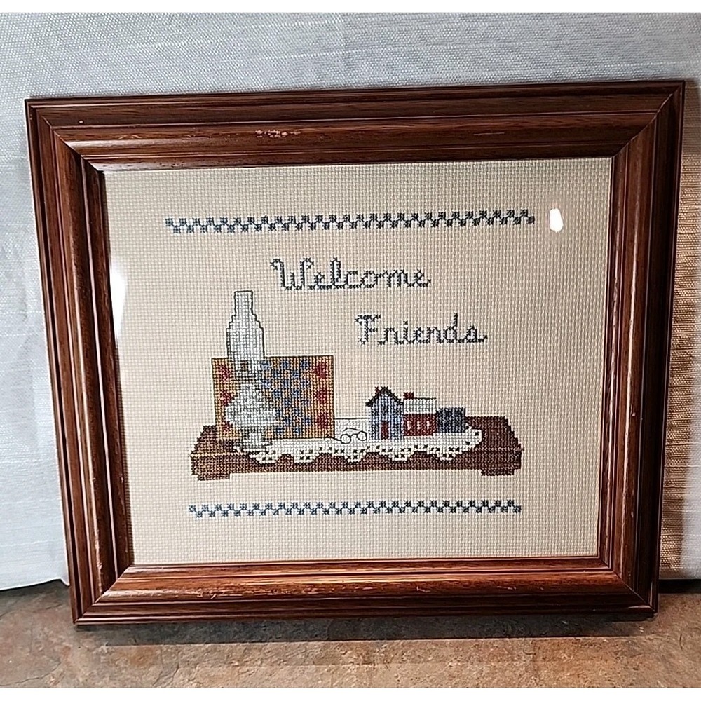 Vintage Framed Cross Stitch Wall Art Welcome Friends Yak 1991 Lantern 13.5x12"